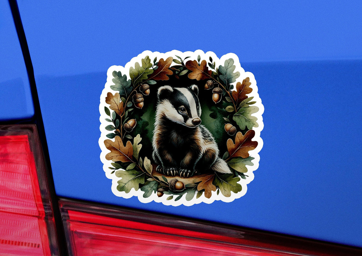 a sticker of a raccoon sitting on the tail of a car