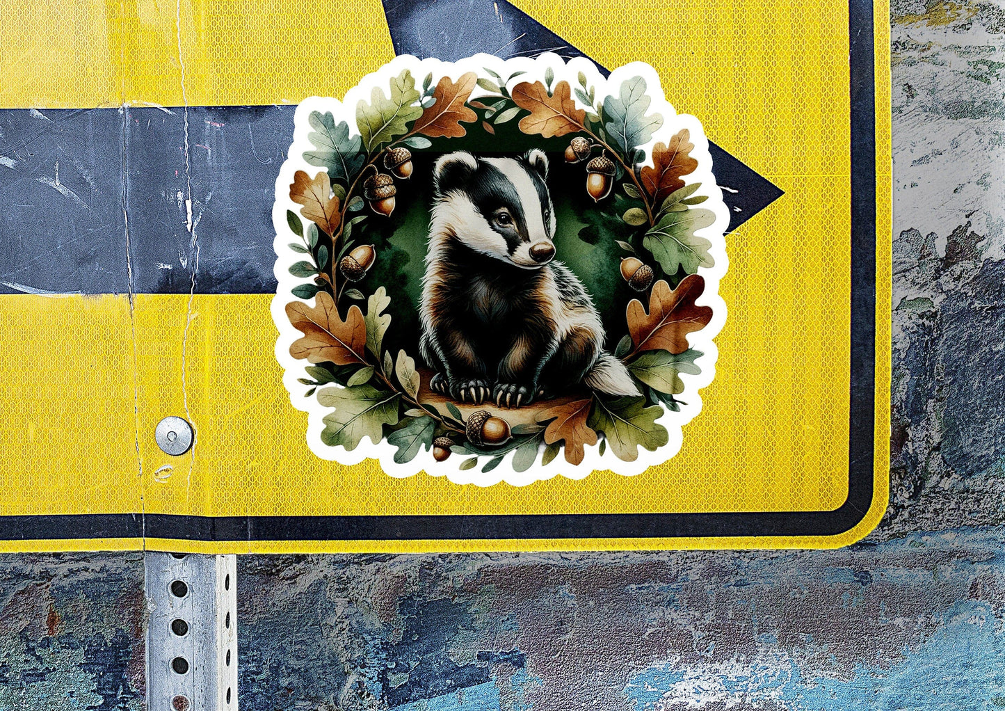 a close up of a street sign with a picture of a badger