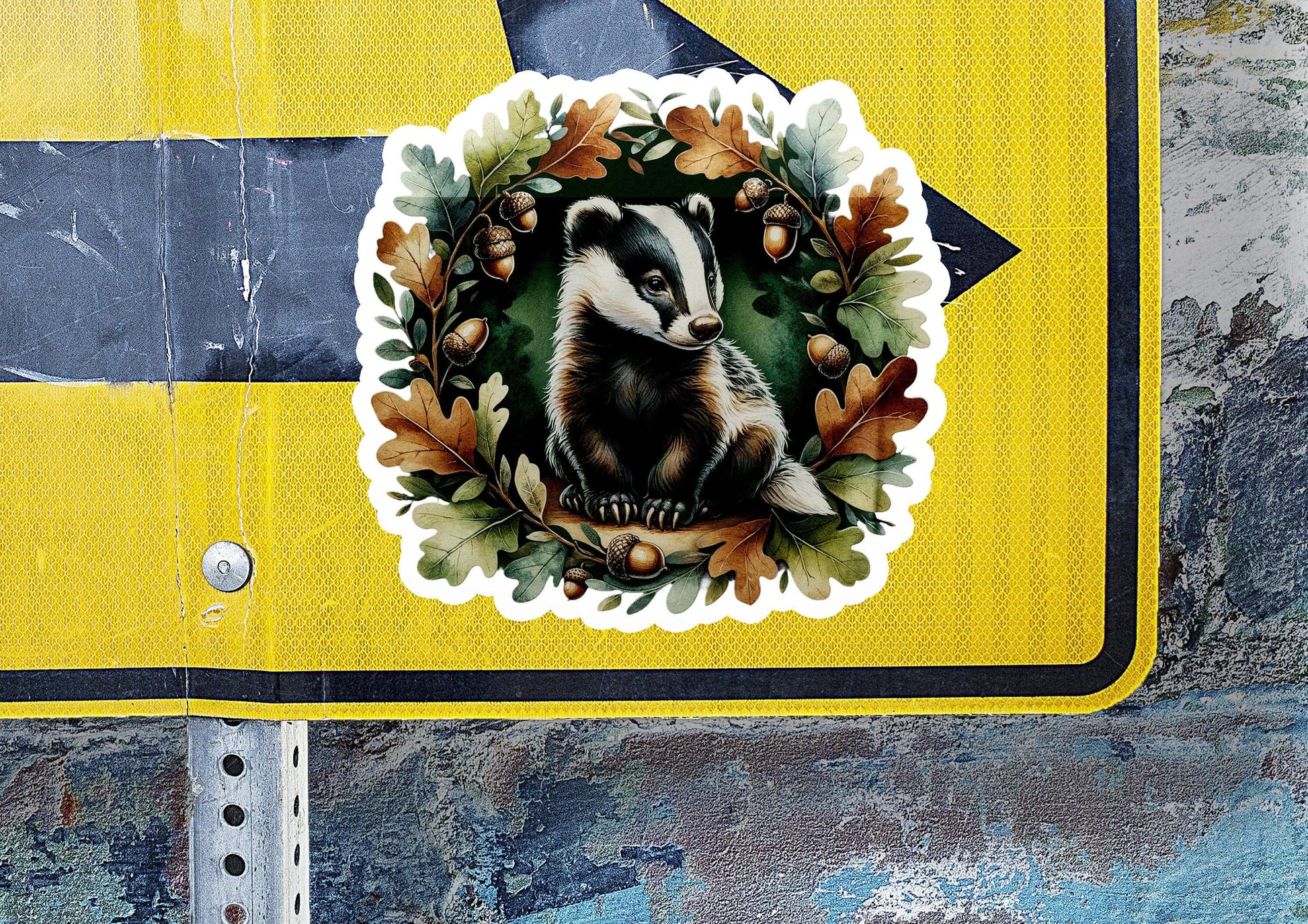 a close up of a street sign with a picture of a badger