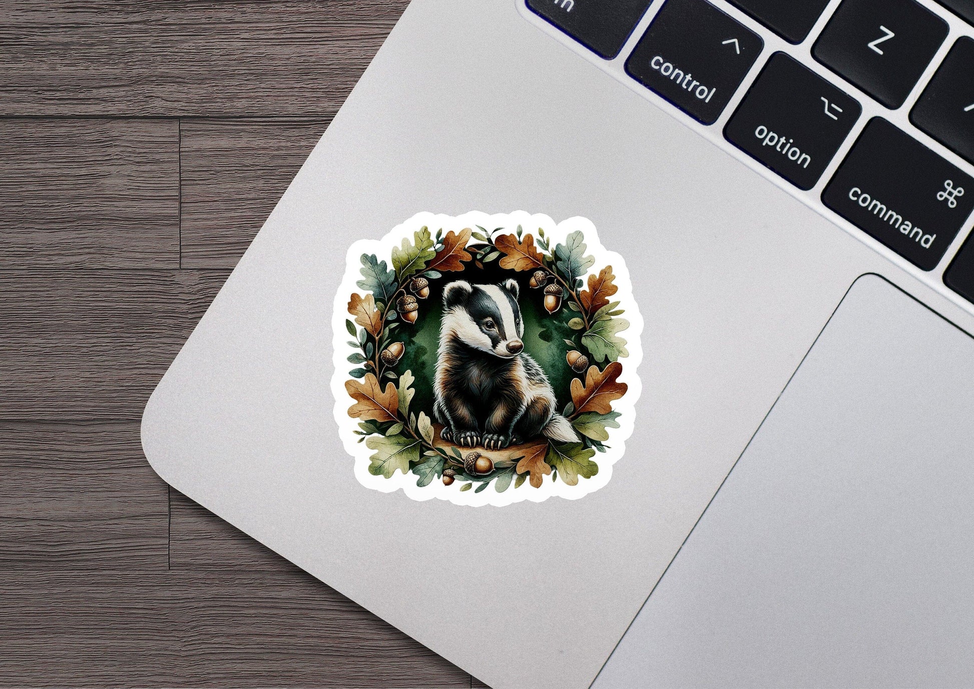 a sticker of a badger surrounded by leaves