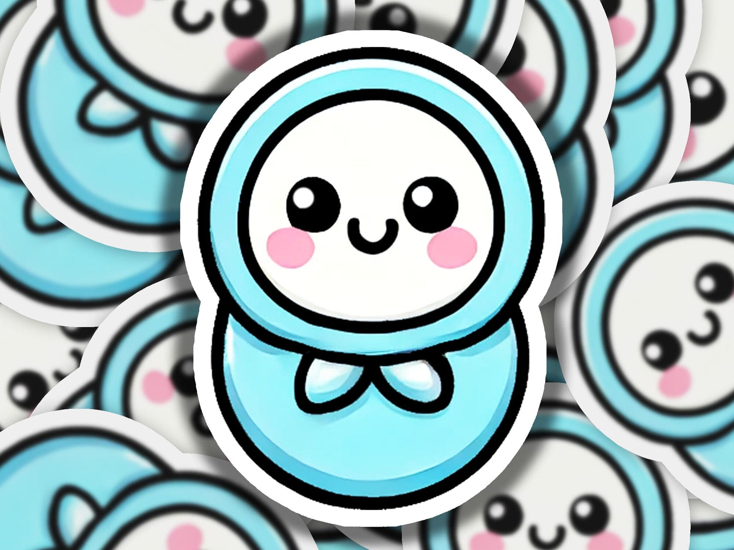 a bunch of blue stickers with faces on them