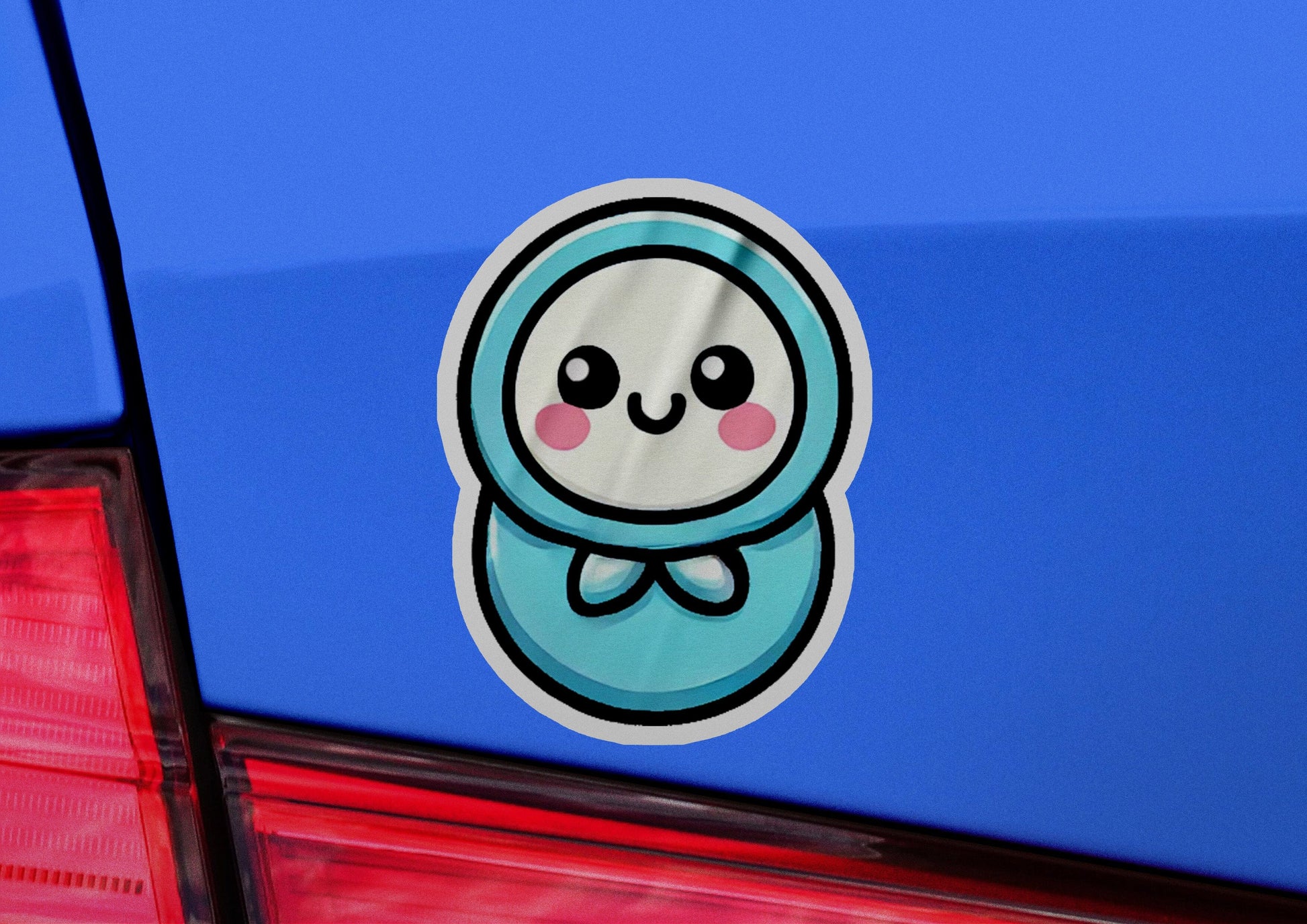 a car with a sticker of a cartoon character