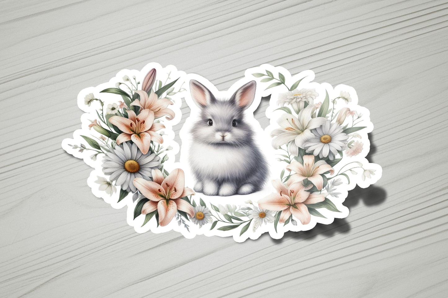 a sticker of a rabbit surrounded by flowers