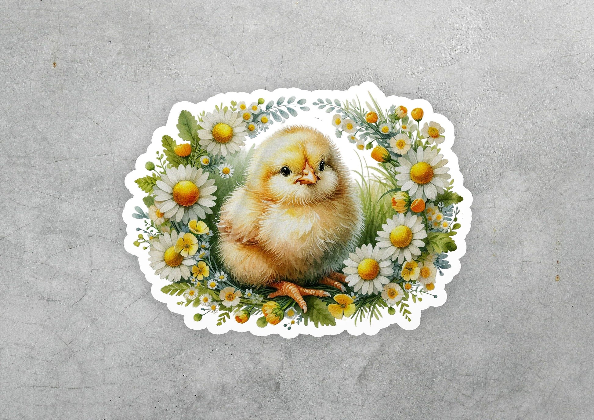 a sticker of a chicken with daisies and daisies around it