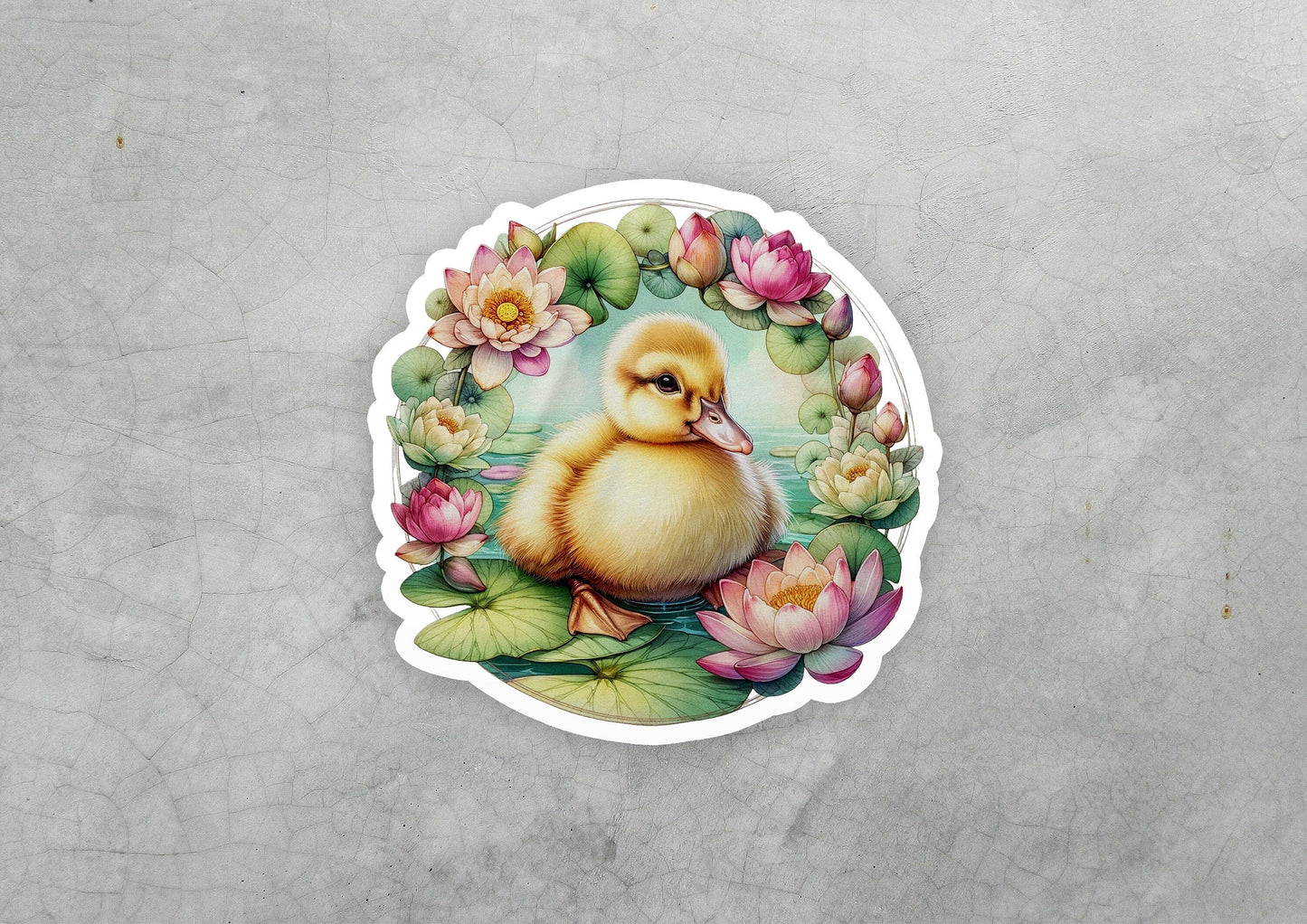 a sticker of a duck in a pond of water lilies