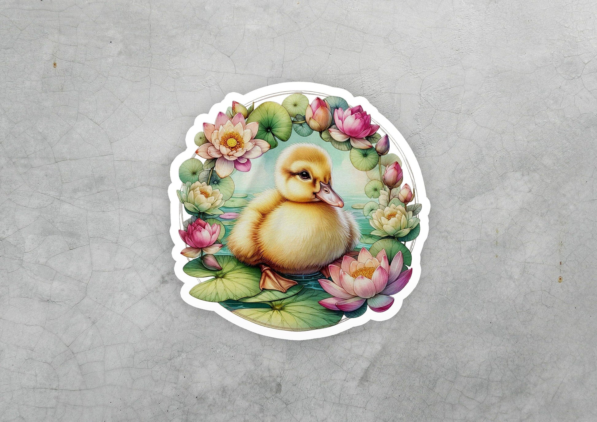 a sticker of a duck in a pond of water lilies
