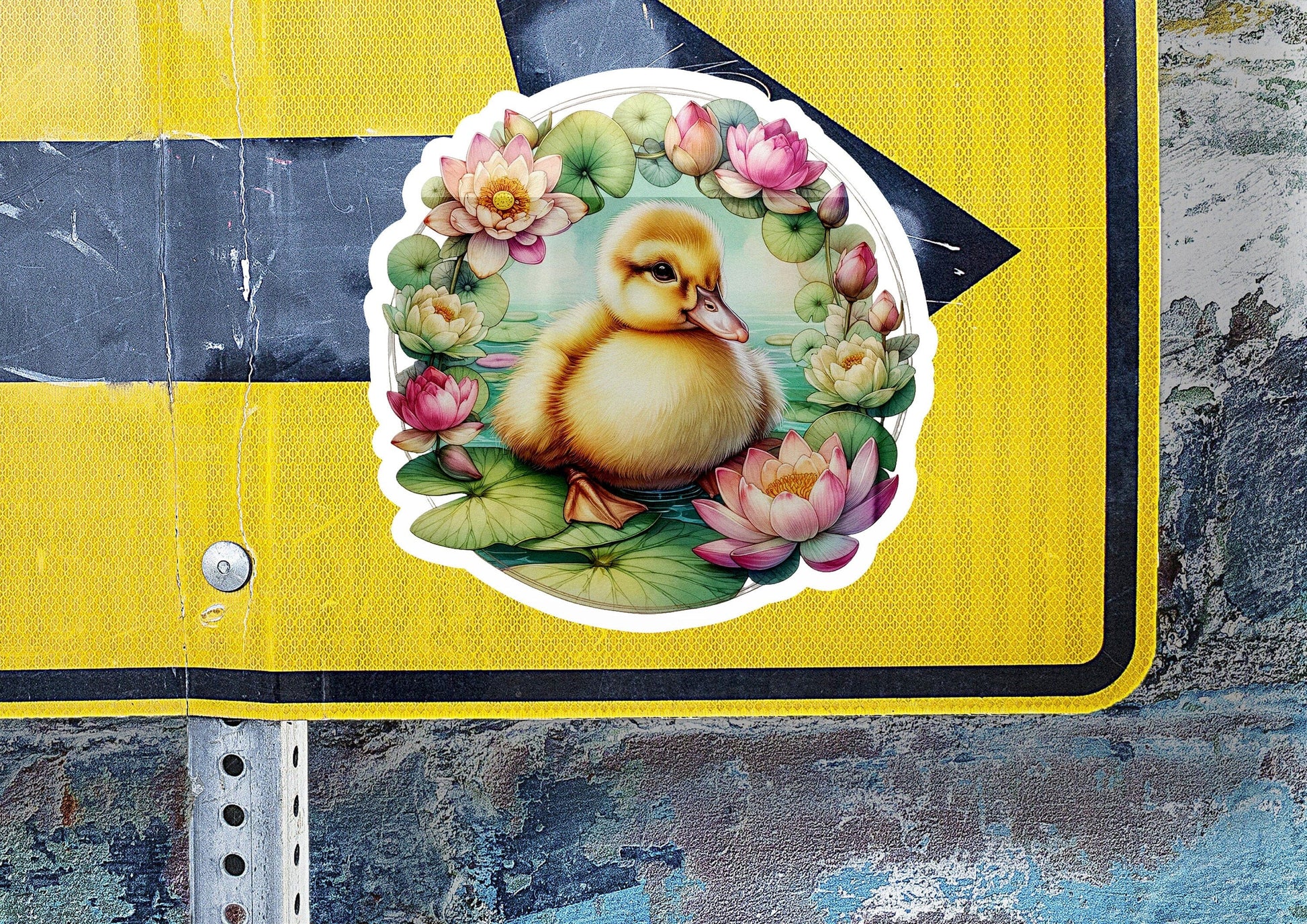 a sticker of a duck with flowers on it
