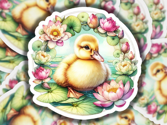 a sticker of a duckling surrounded by water lilies