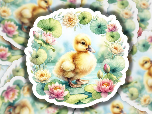 a picture of a duck in a pond with water lilies