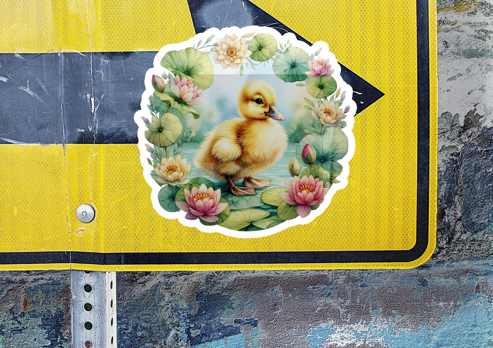 a sticker of a duckling on a street sign