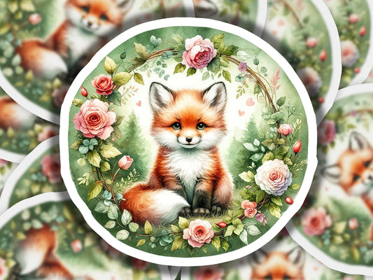 a picture of a fox surrounded by roses