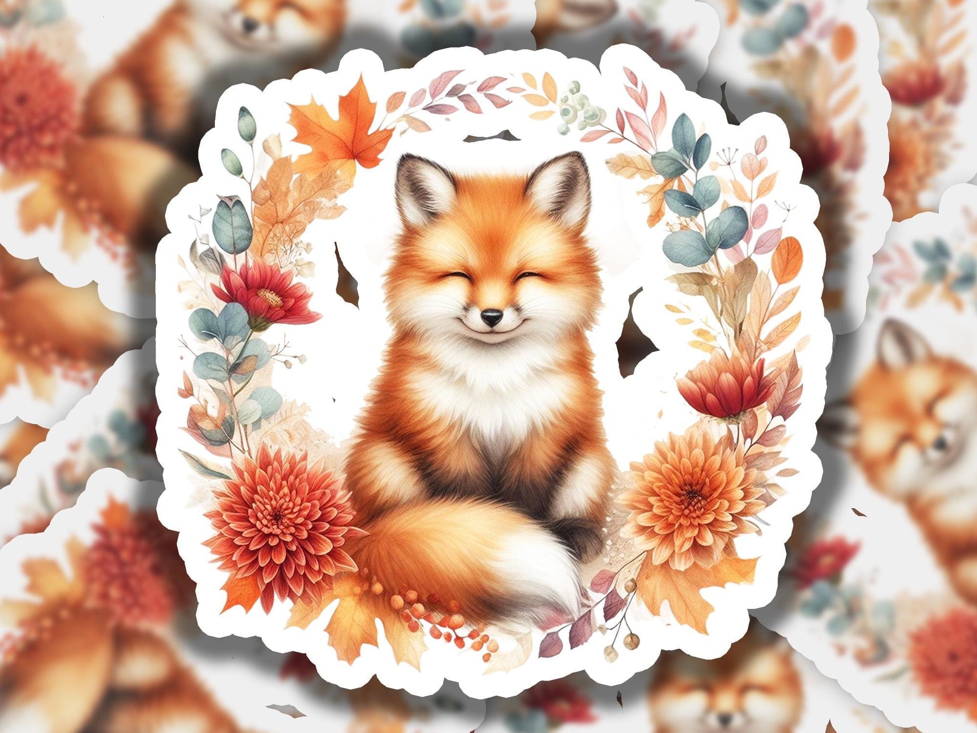 a picture of a fox surrounded by flowers and leaves