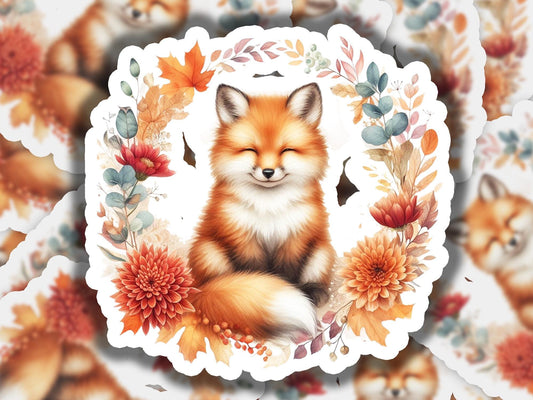 a picture of a fox surrounded by flowers and leaves