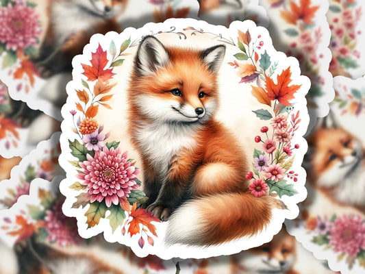 a picture of a fox surrounded by flowers