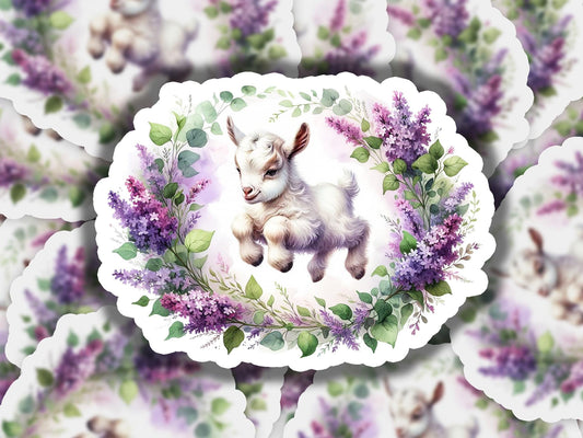 a picture of a baby goat surrounded by flowers