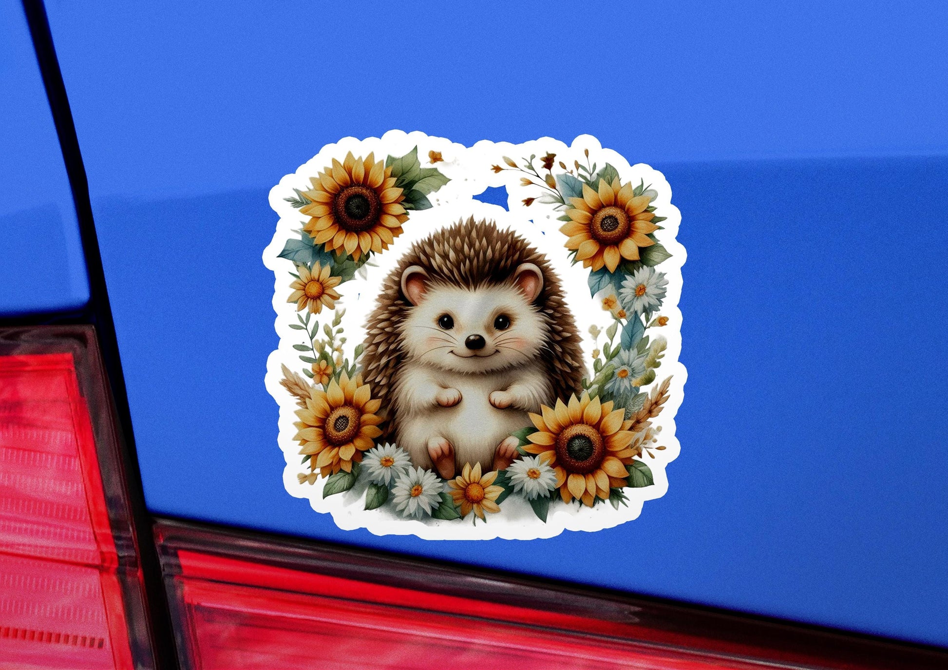 a car with a sticker of a hedge surrounded by sunflowers