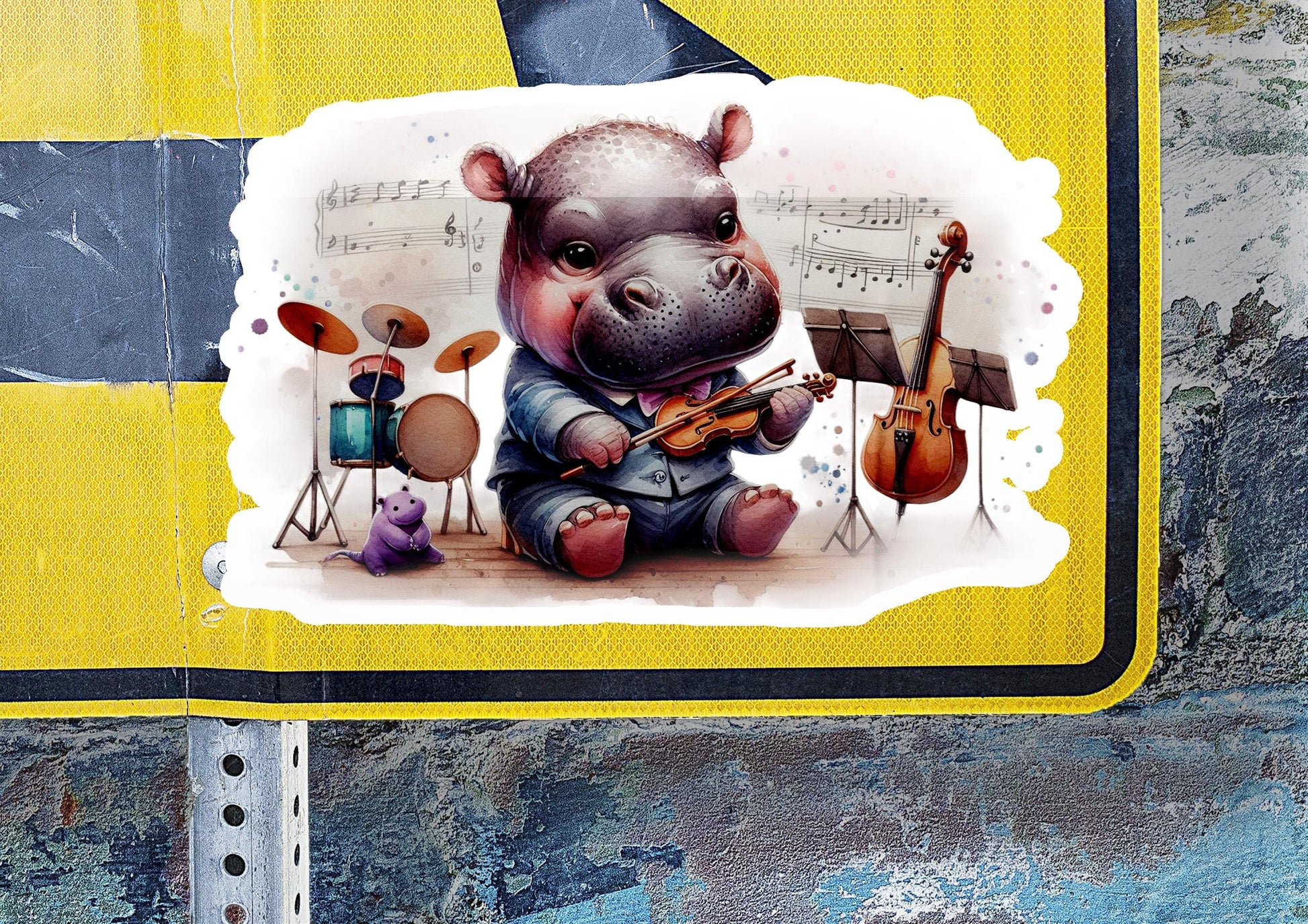 a street sign with a picture of a hippo playing the violin