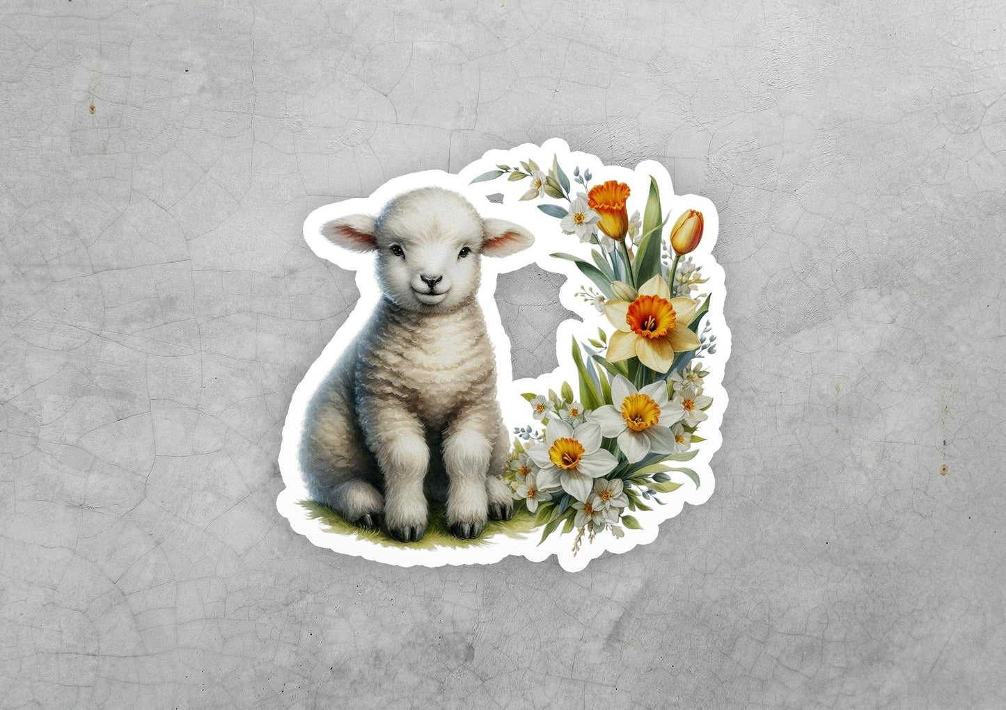a sticker of a lamb with flowers on it