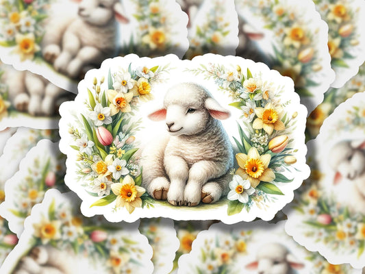 a picture of a sheep surrounded by flowers