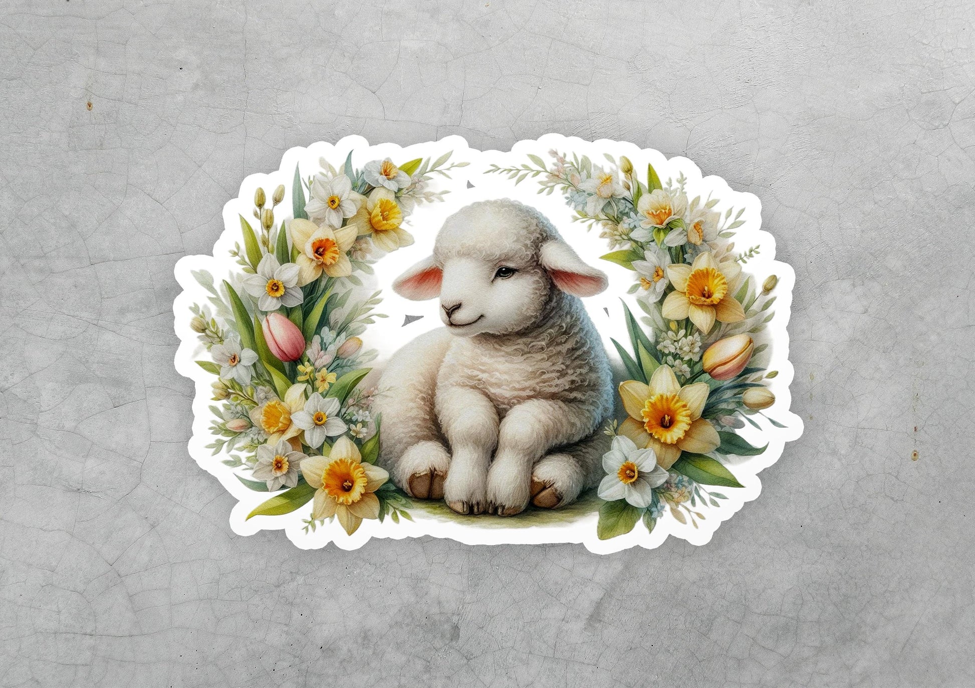 a sticker of a lamb surrounded by flowers