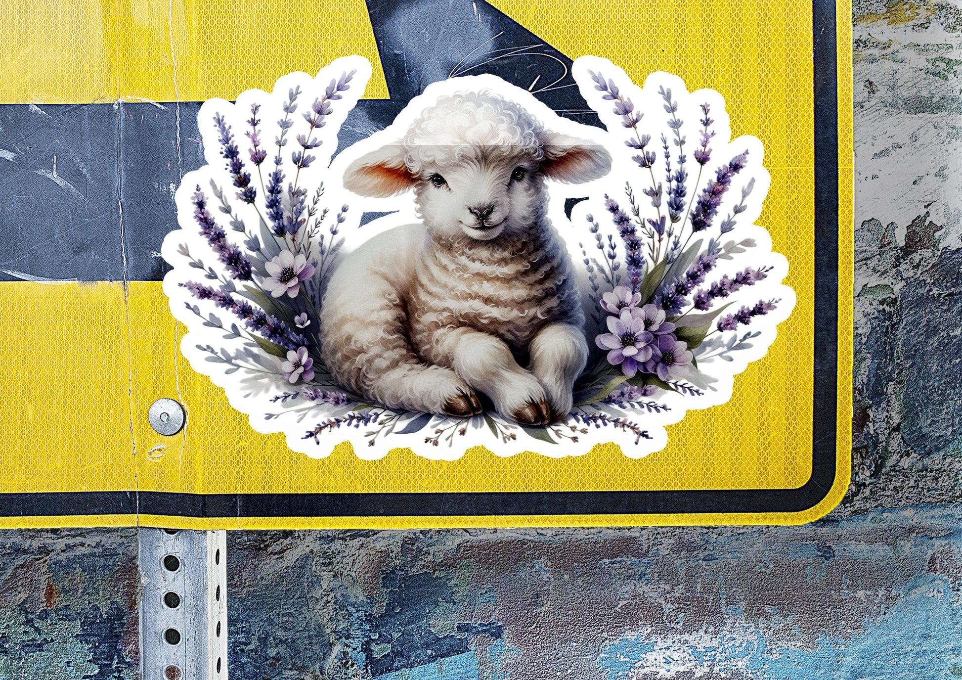 a sticker of a lamb sitting on a street sign