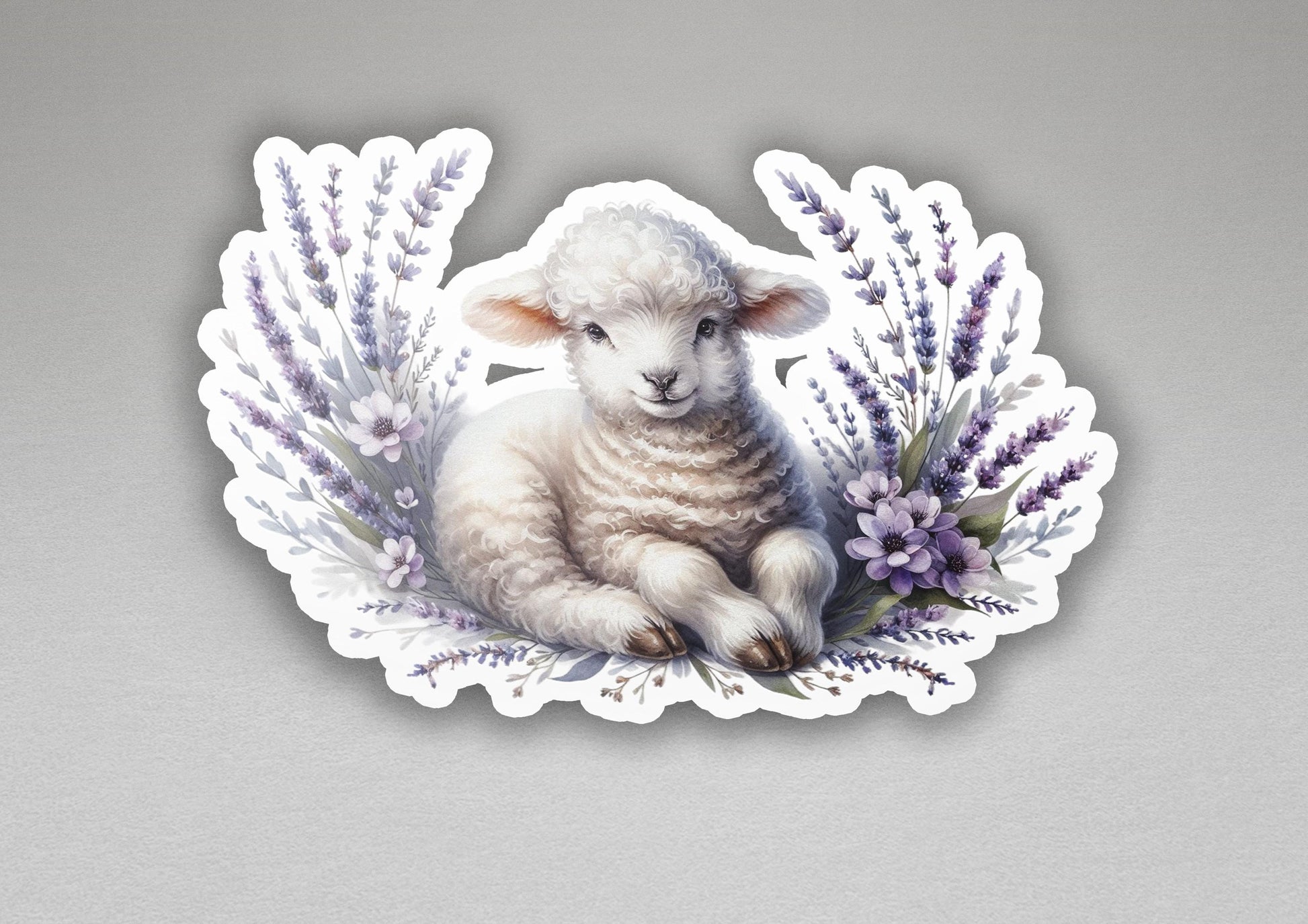 a picture of a lamb with lavenders around it