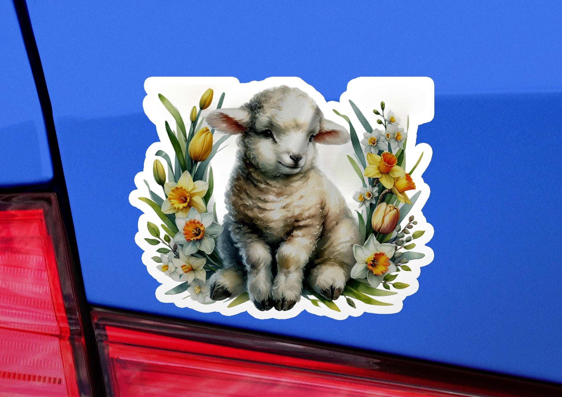 a sticker of a lamb with flowers on it