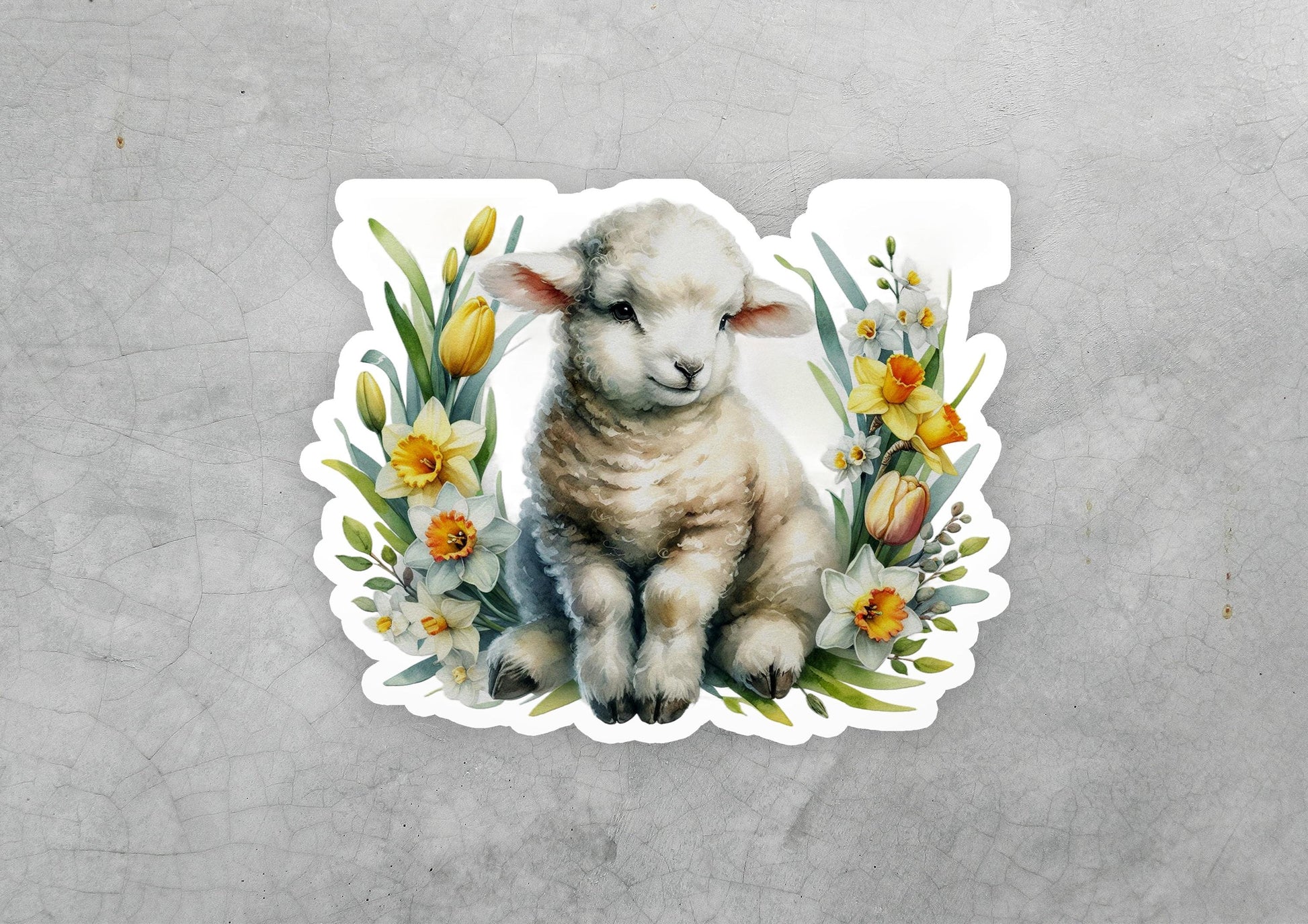 a sticker of a lamb surrounded by flowers