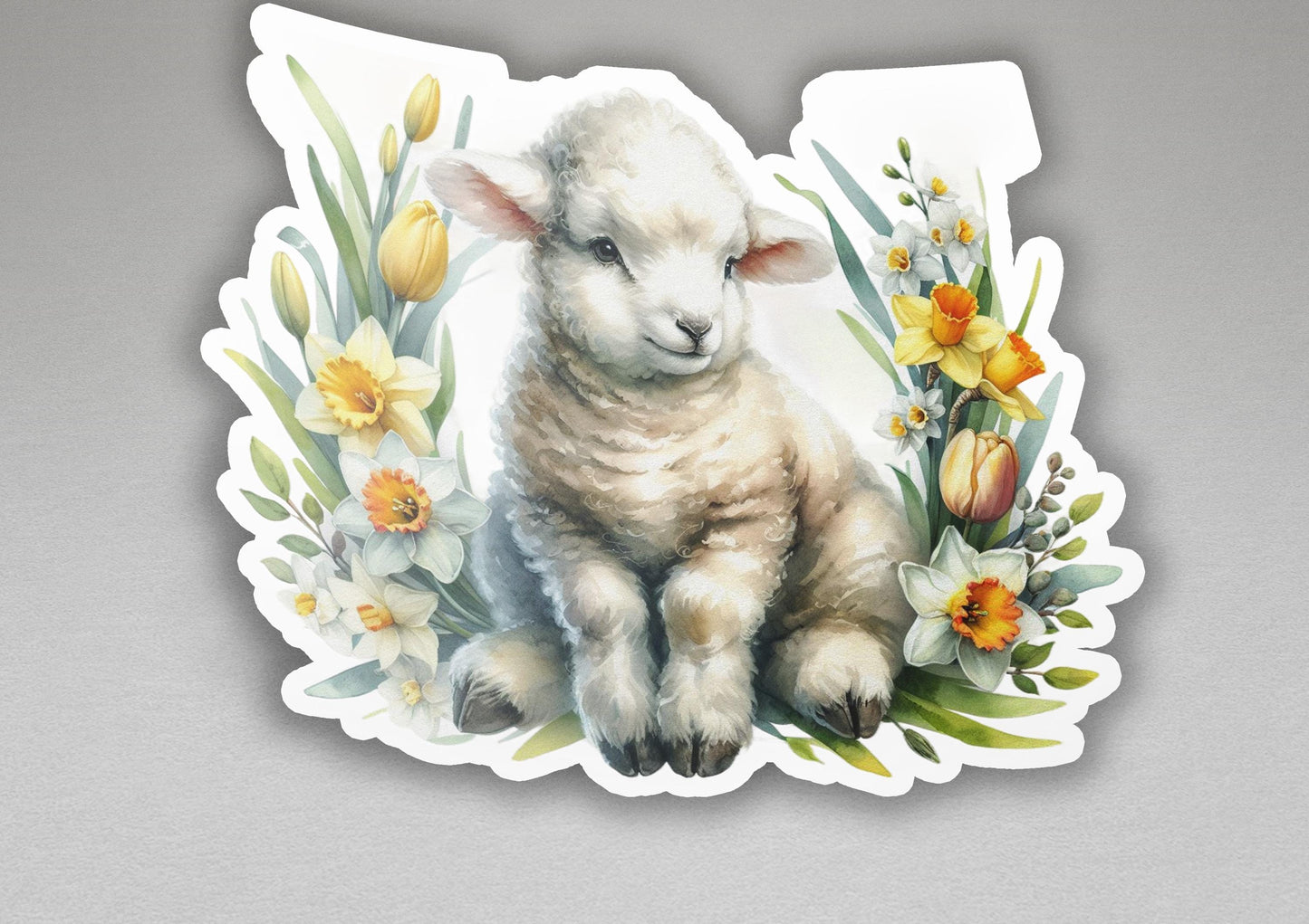 a sticker of a lamb surrounded by flowers