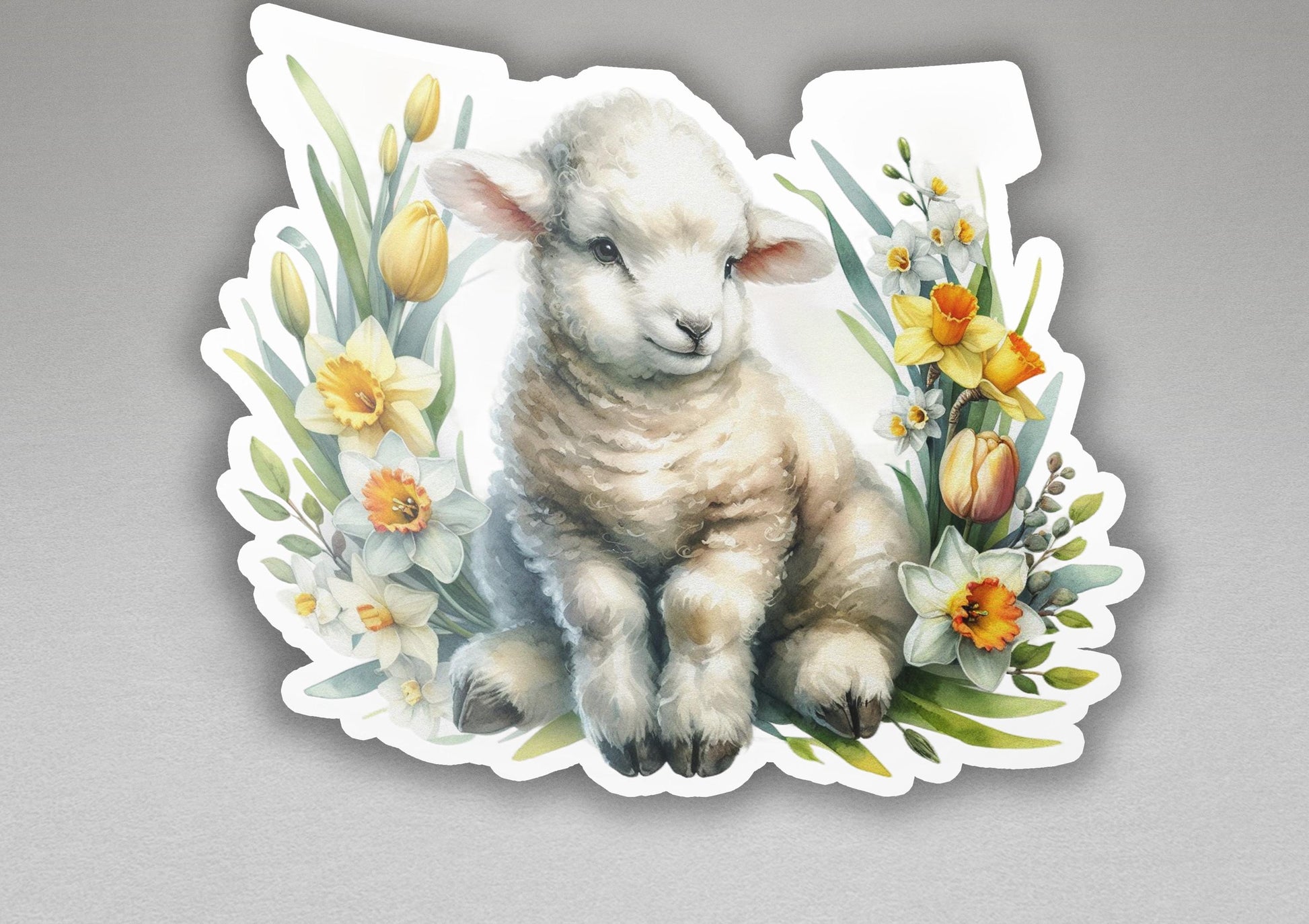a sticker of a lamb surrounded by flowers
