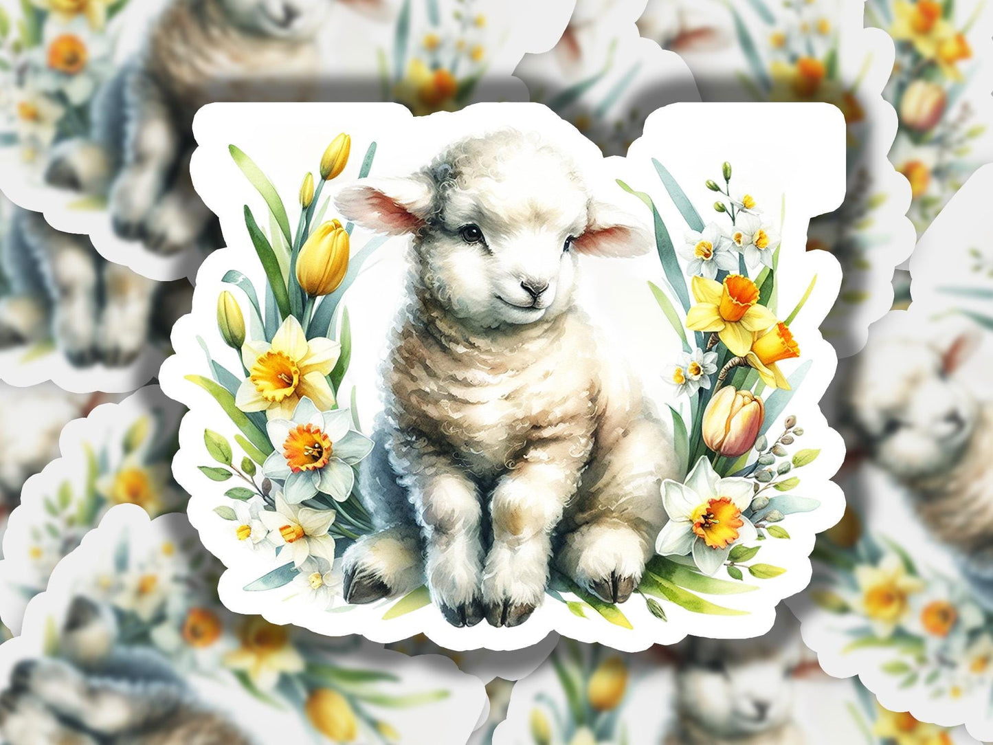 a picture of a lamb surrounded by flowers