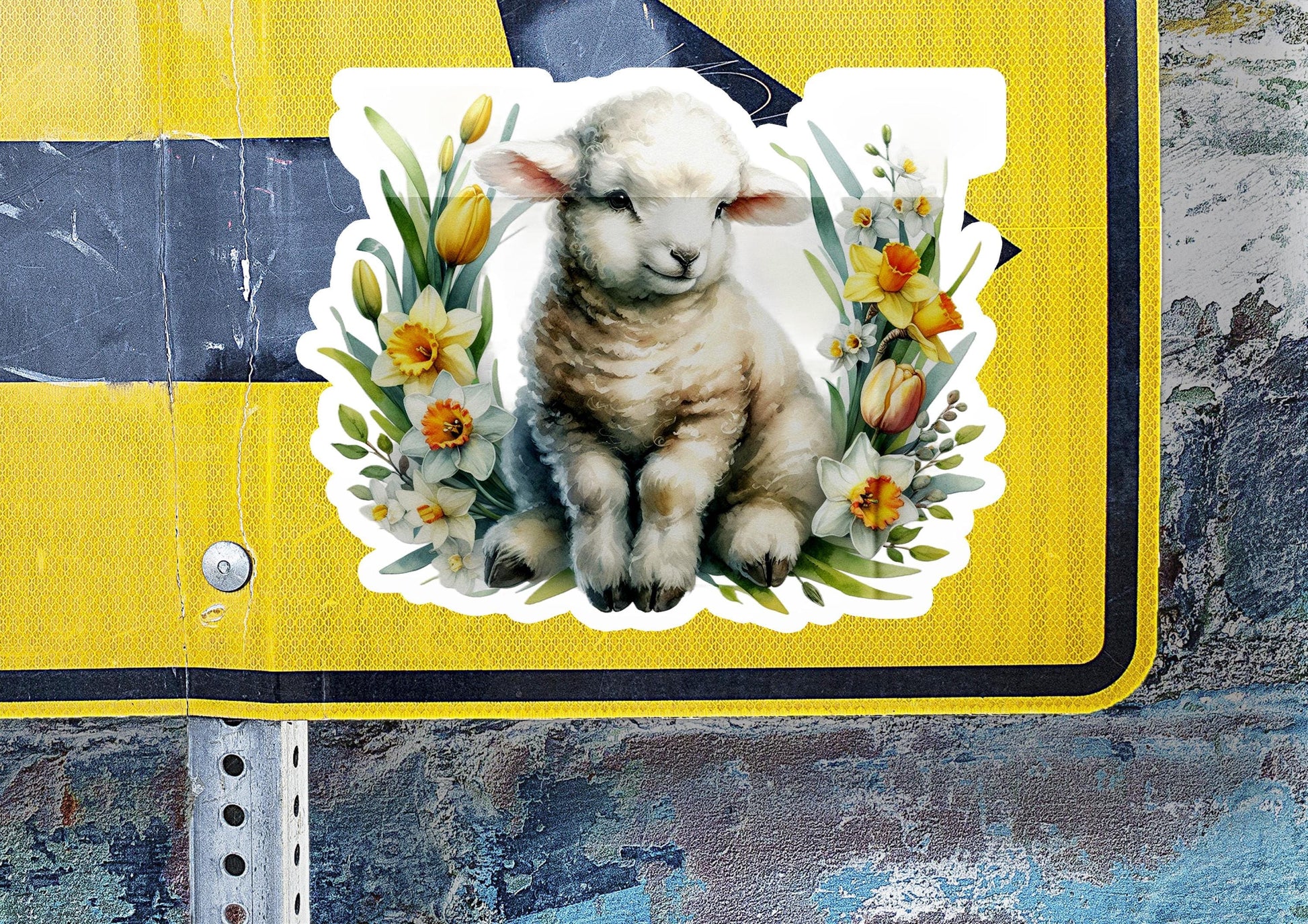 a sticker of a lamb with flowers on it