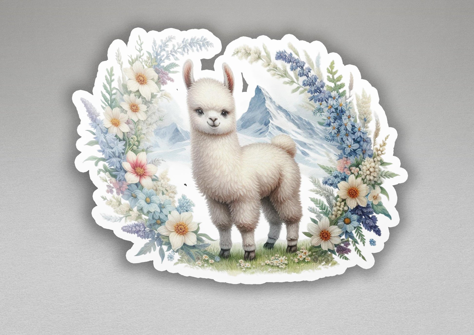 a sticker with a picture of a llama surrounded by flowers