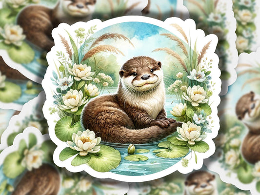 a sticker of a otter sitting on a lily pad