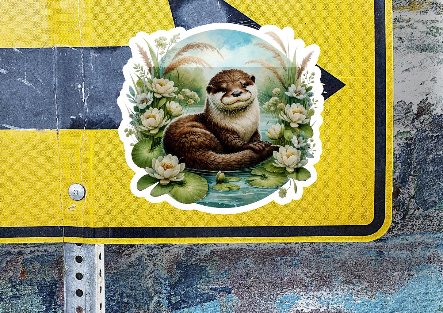 a sticker of an otter on a street sign