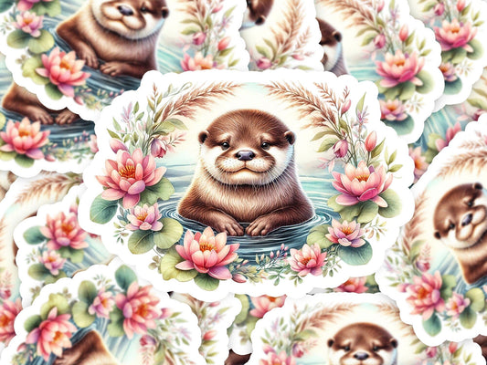 a sticker of an otter surrounded by flowers