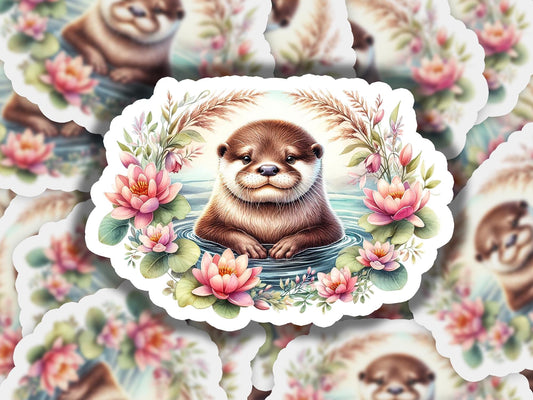 a sticker with a picture of a otter surrounded by flowers