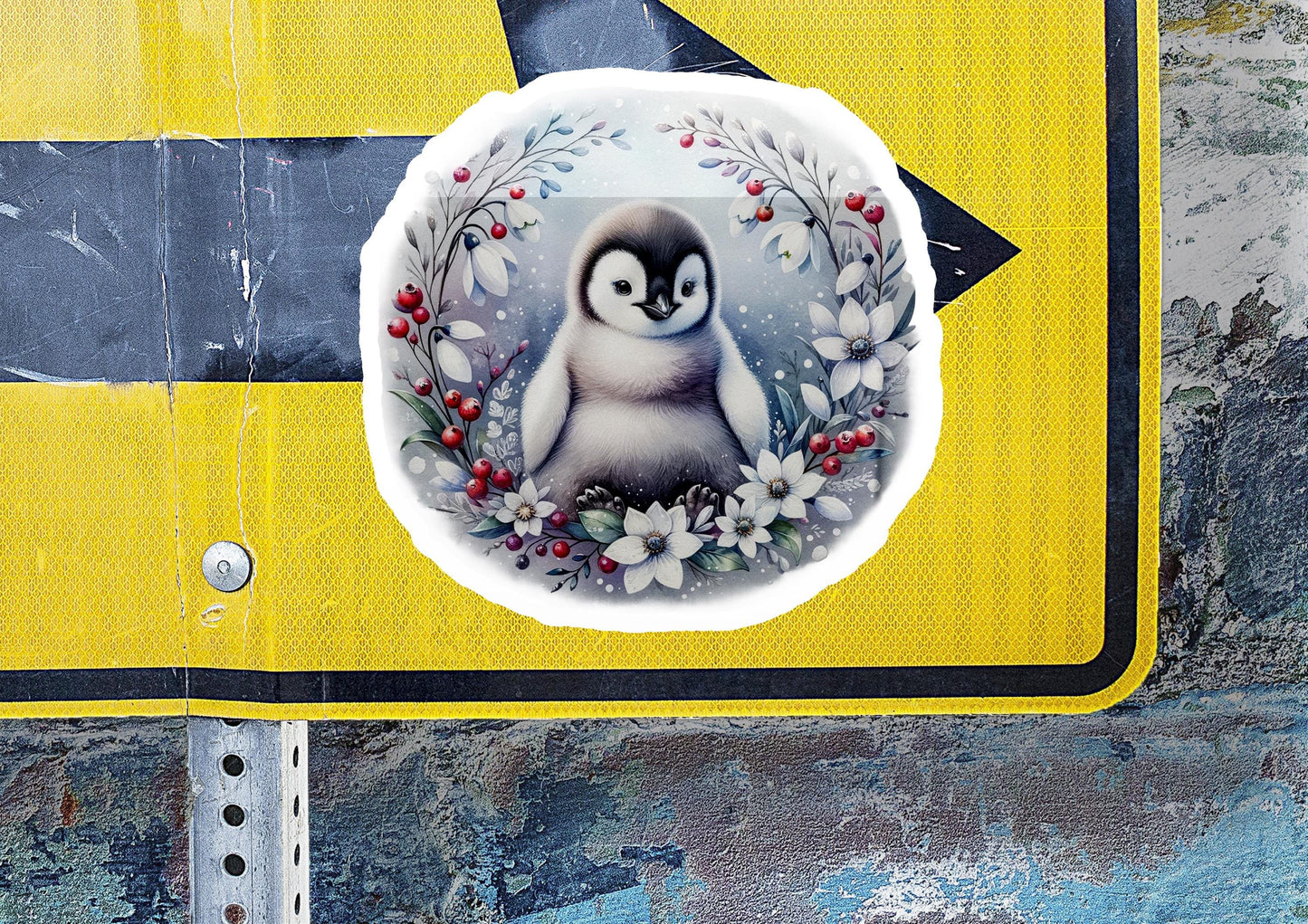 a close up of a street sign with a picture of a penguin