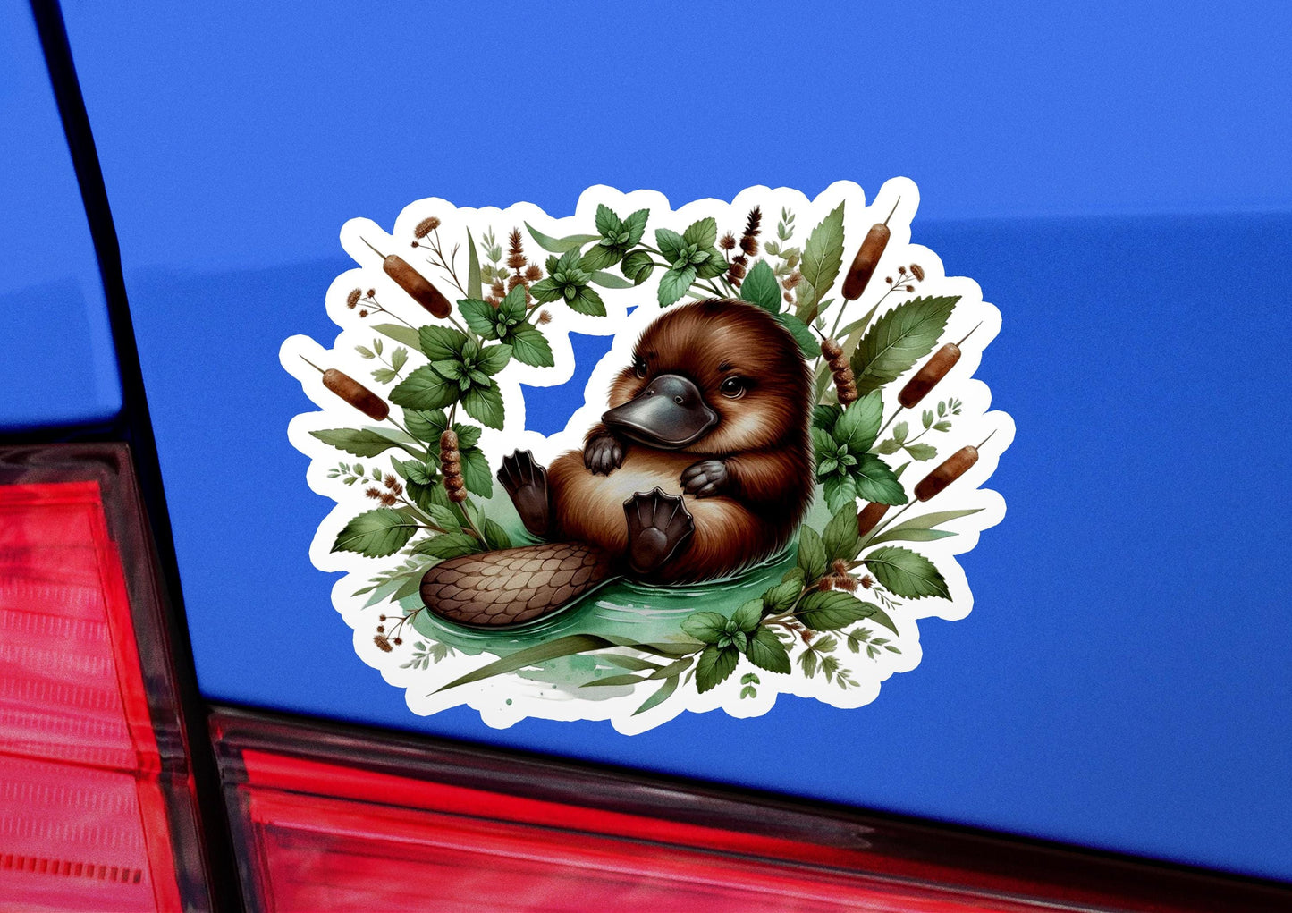 a sticker of a beaver on a blue car