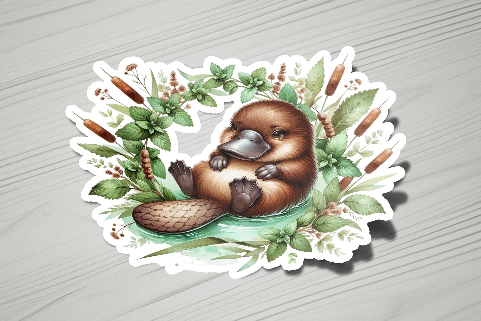 a sticker of a beaver sitting on a leafy branch