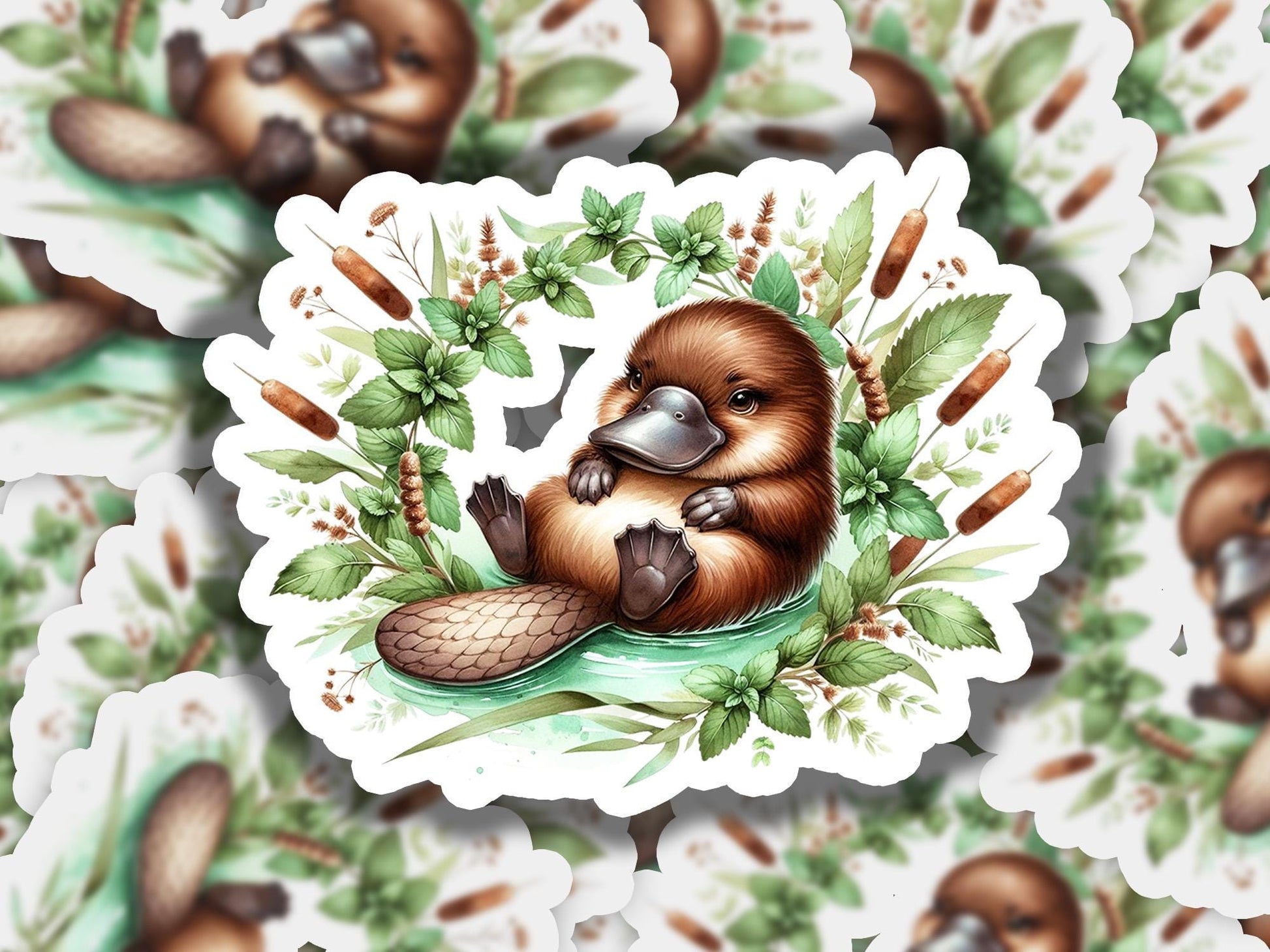 a sticker of a beaver with leaves and acorns
