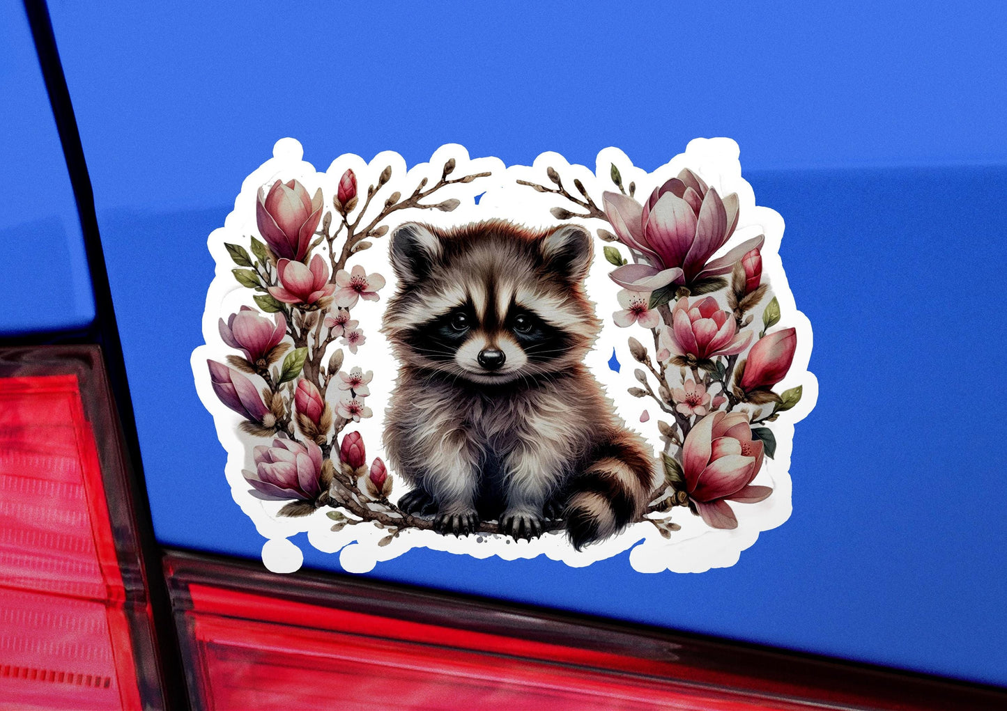 a sticker of a raccoon with flowers on it