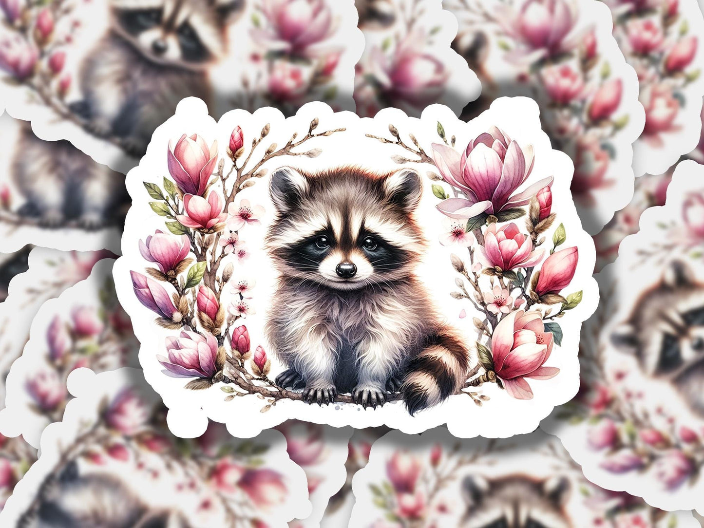 a sticker of a raccoon surrounded by flowers