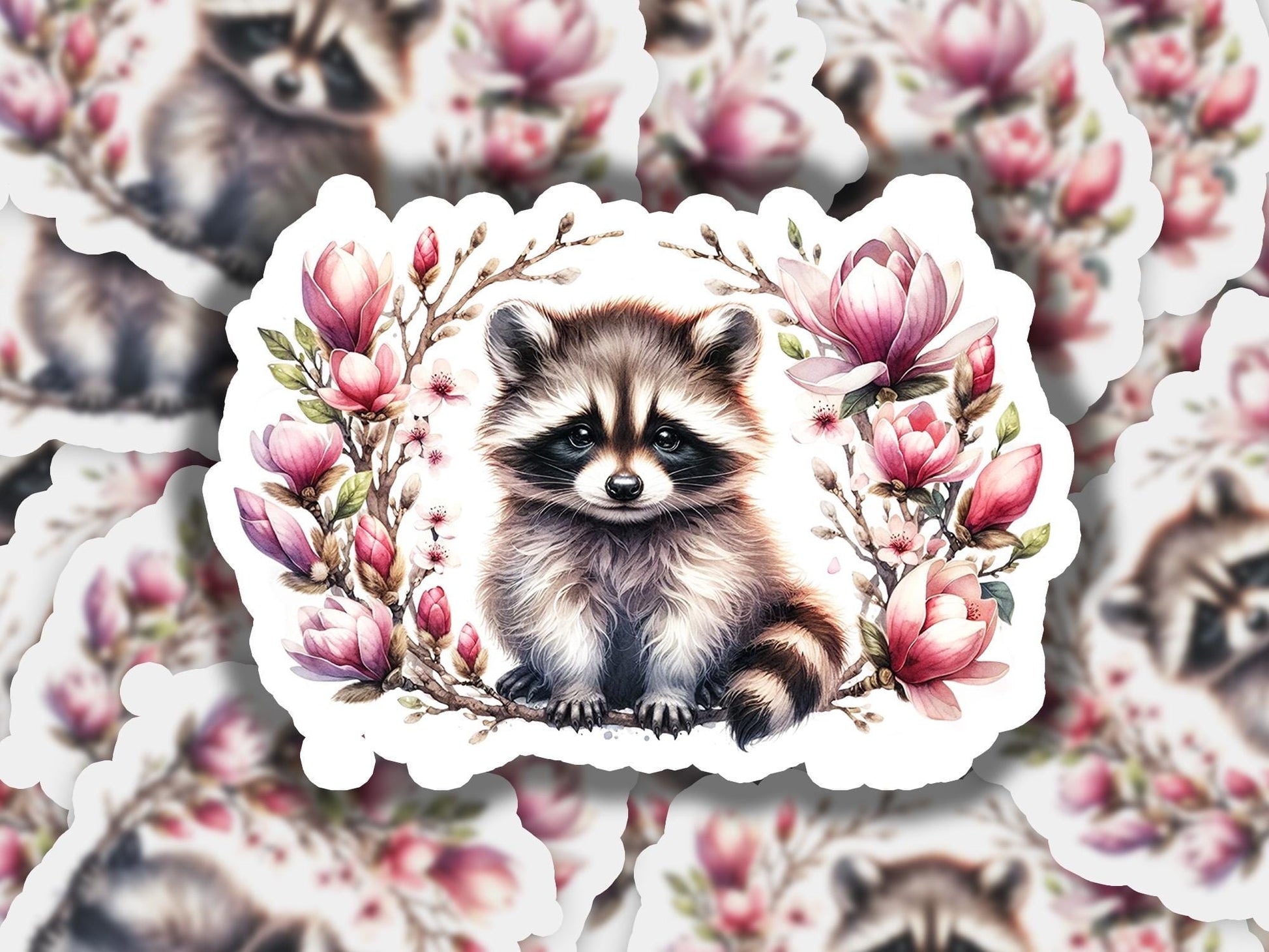 a sticker of a raccoon surrounded by flowers