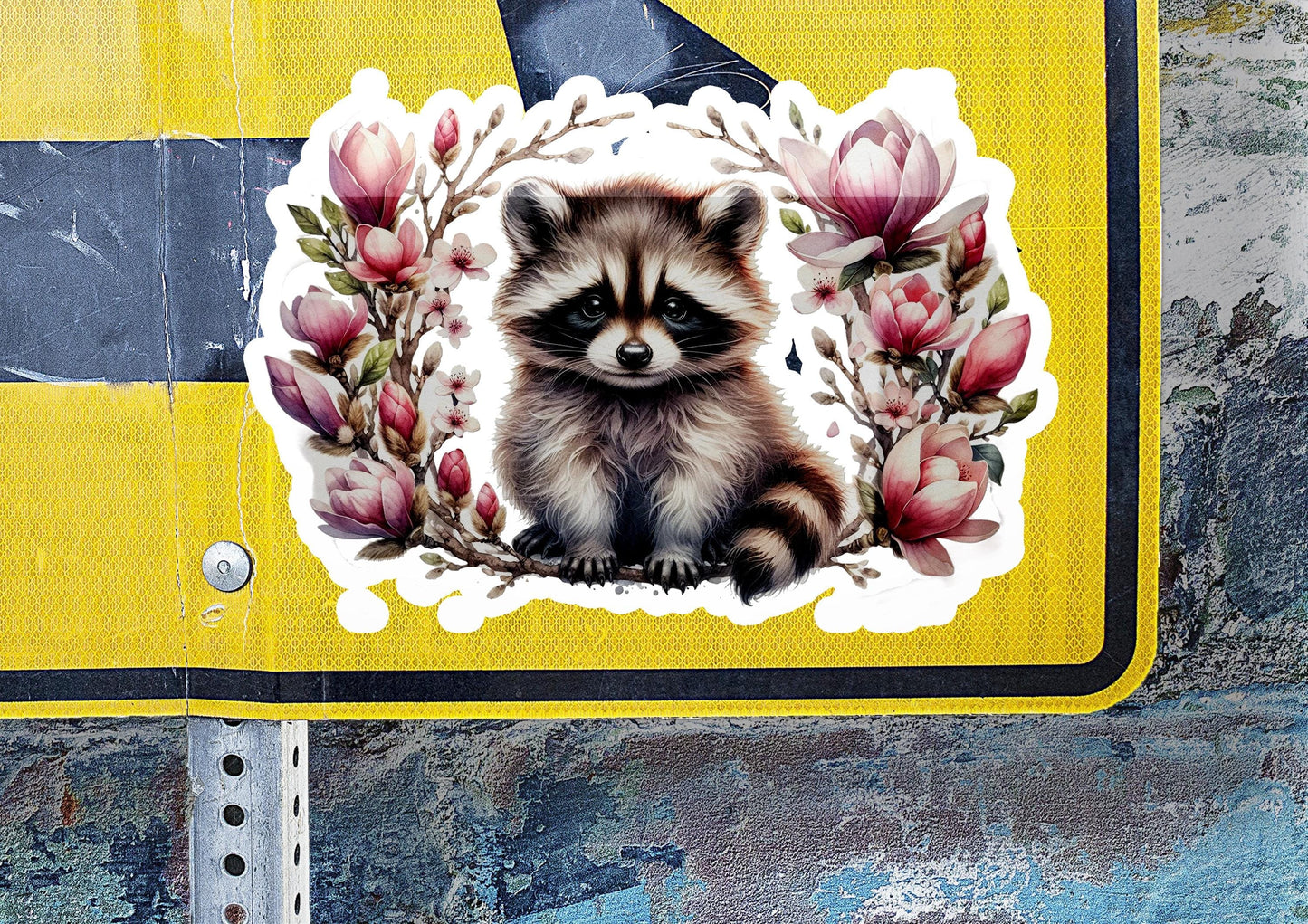 a close up of a street sign with a picture of a raccoon