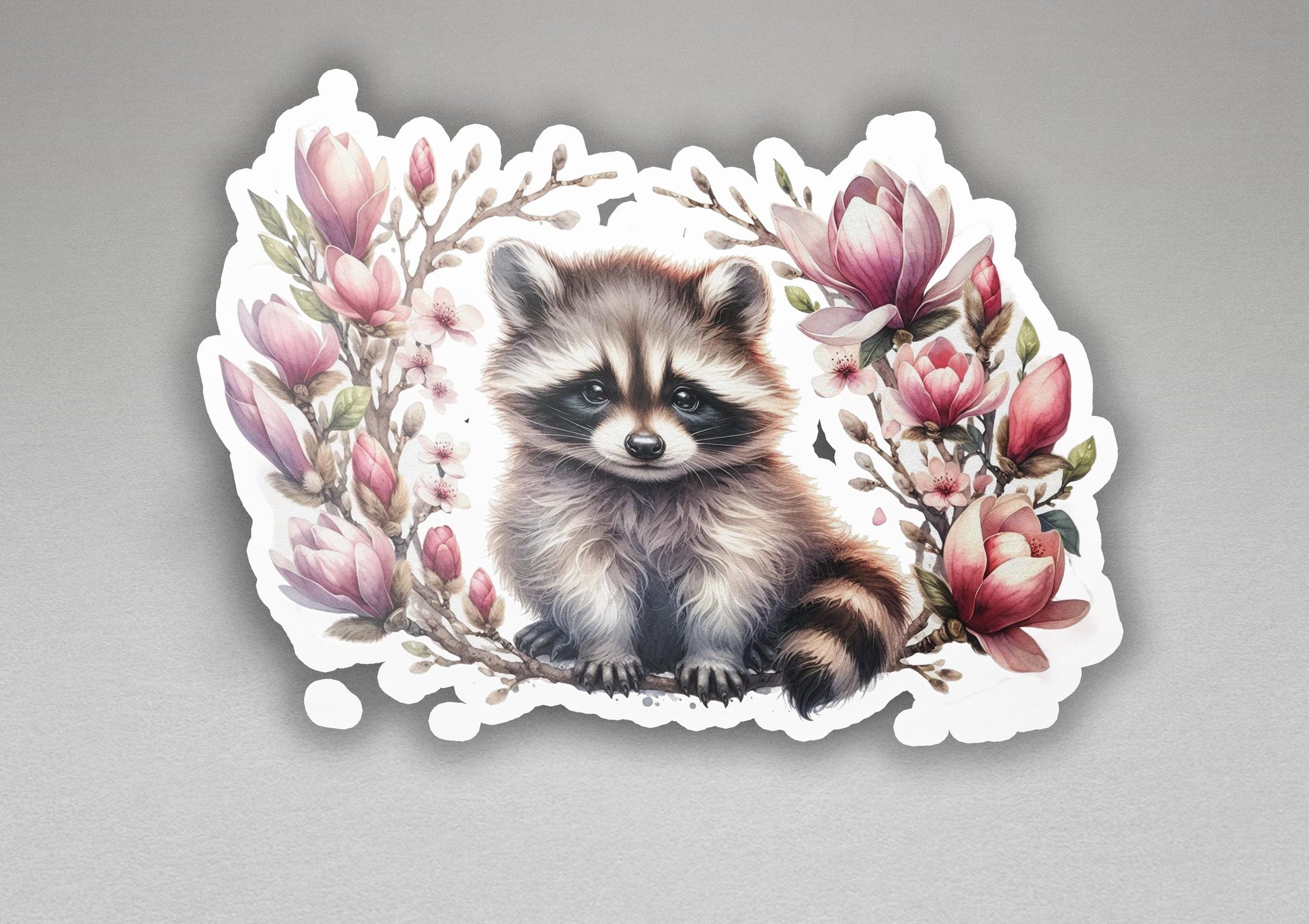 a sticker of a raccoon surrounded by flowers