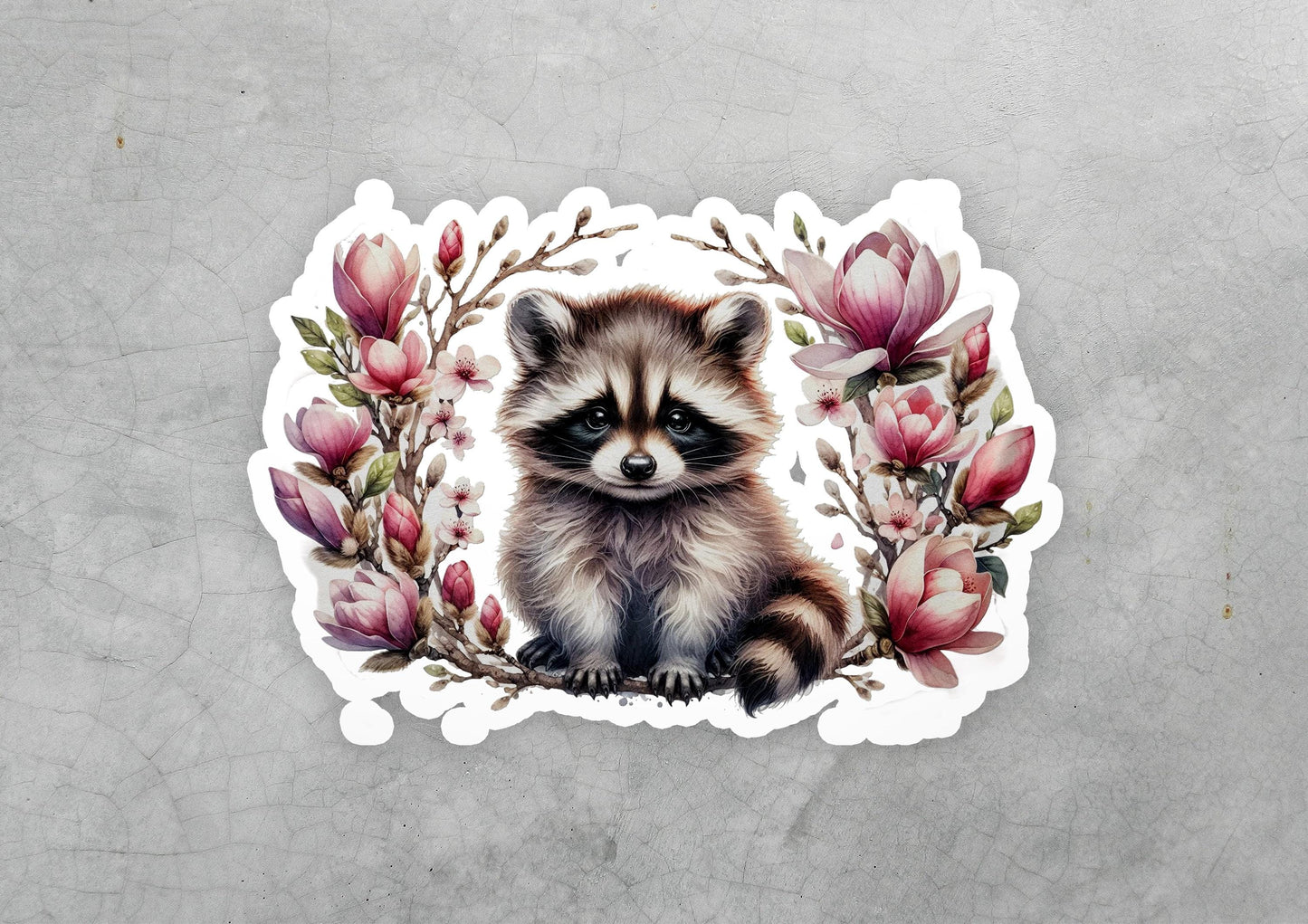 a sticker of a raccoon surrounded by flowers