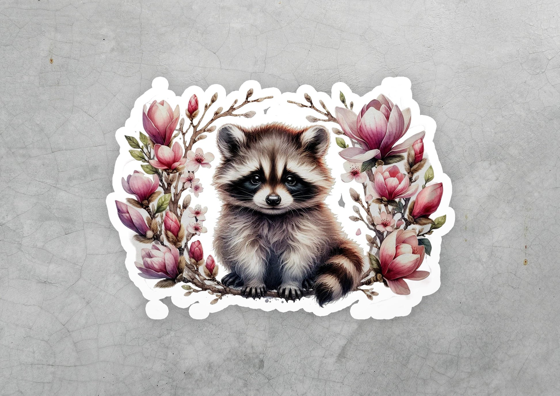 a sticker of a raccoon surrounded by flowers