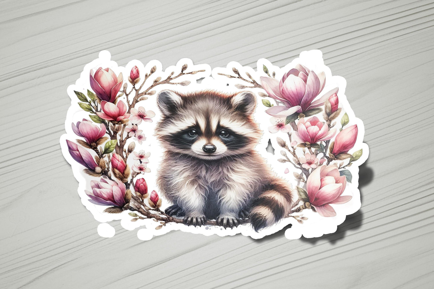 a sticker of a raccoon surrounded by flowers