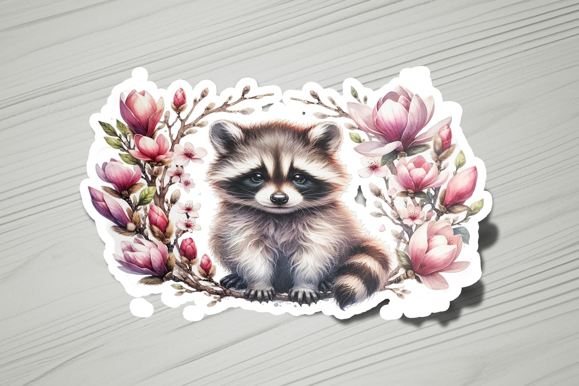 a sticker of a raccoon surrounded by flowers